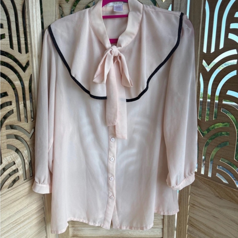 Vintage Ellison Coquette Bow & Collar Blouse, Pink & Black Trim, Modern M
